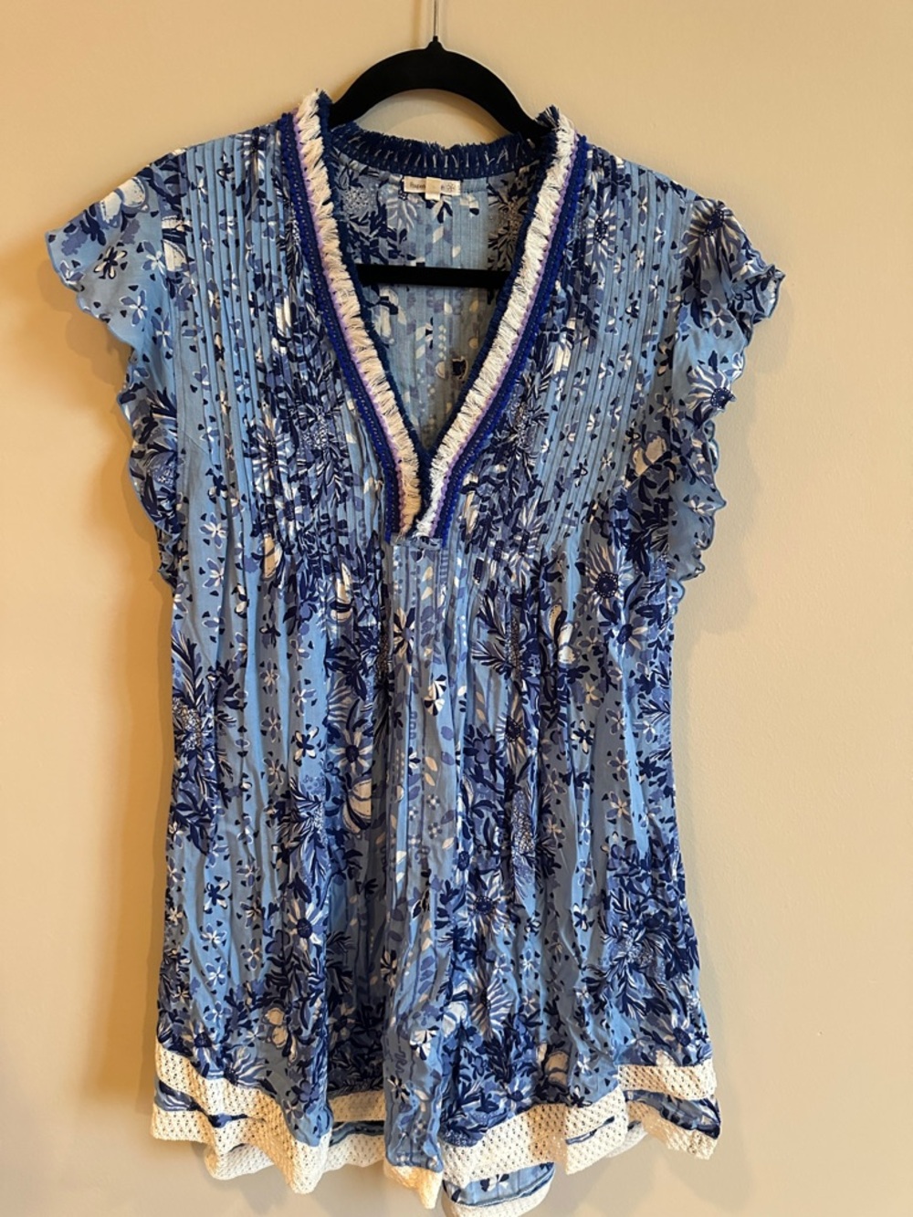 Poupette St. Barth Blue Floral Pleated Swim Coverup with White Trim